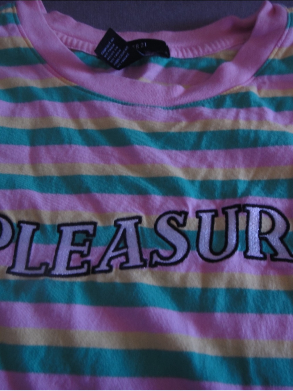 Striped 'PLEASURE' Graphic Tee in Pastel Pink, Green & Yellow